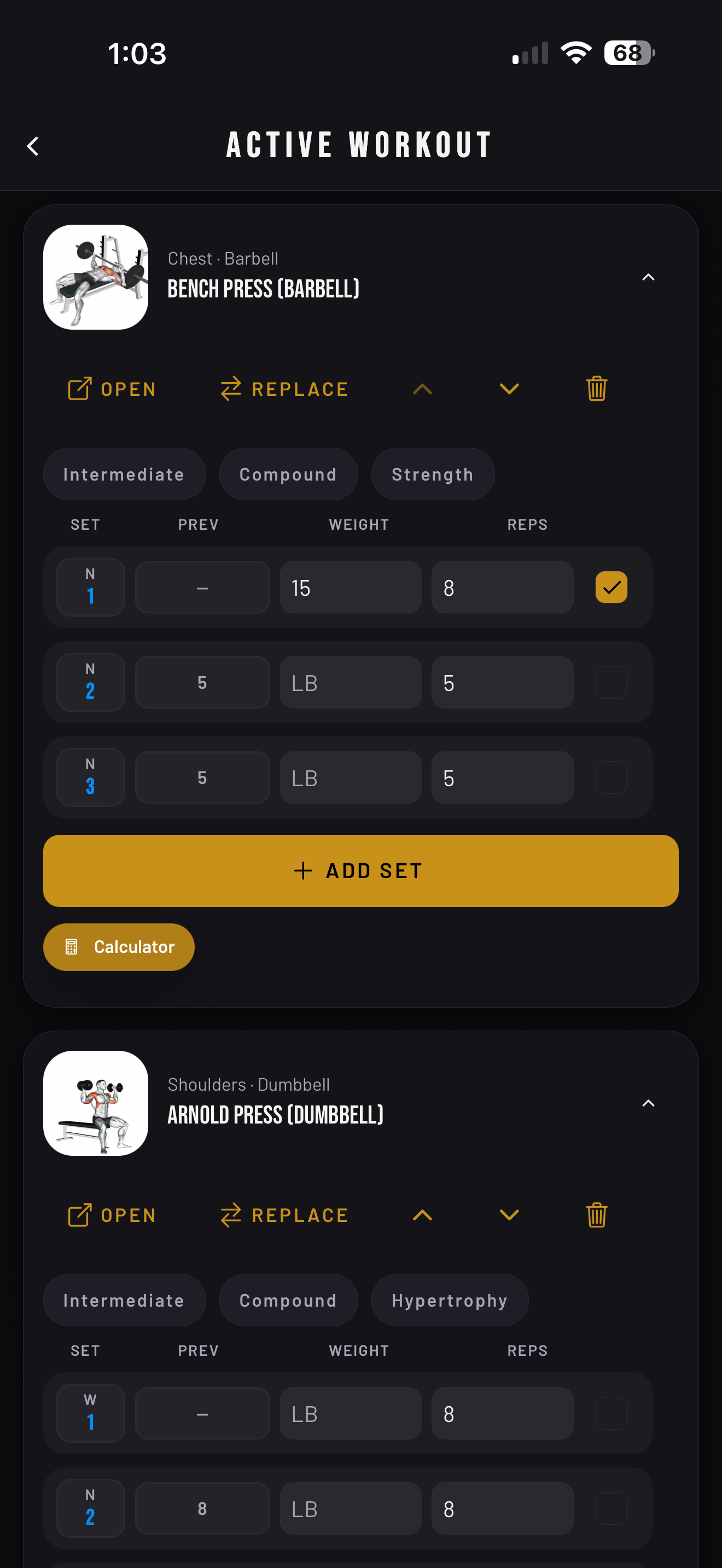 MuscleBoss log sets live screen