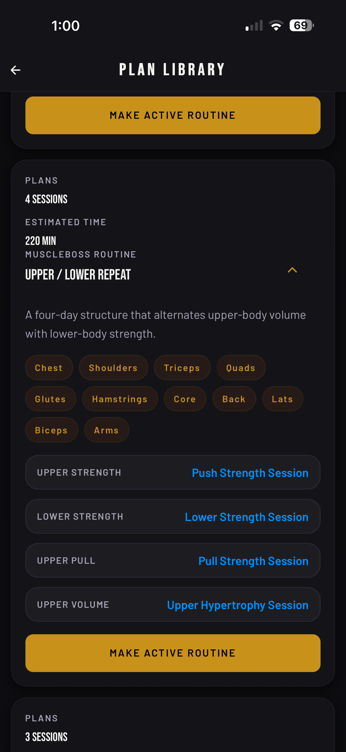 MuscleBoss build your workout screen